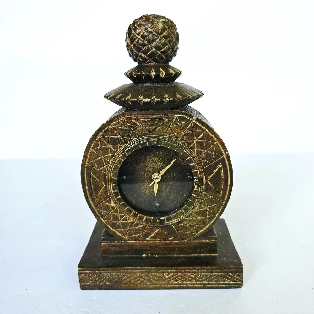 Vintage Style Faux Bronze Pineapple Mantel Clock Geometric Carved Decor 8.5